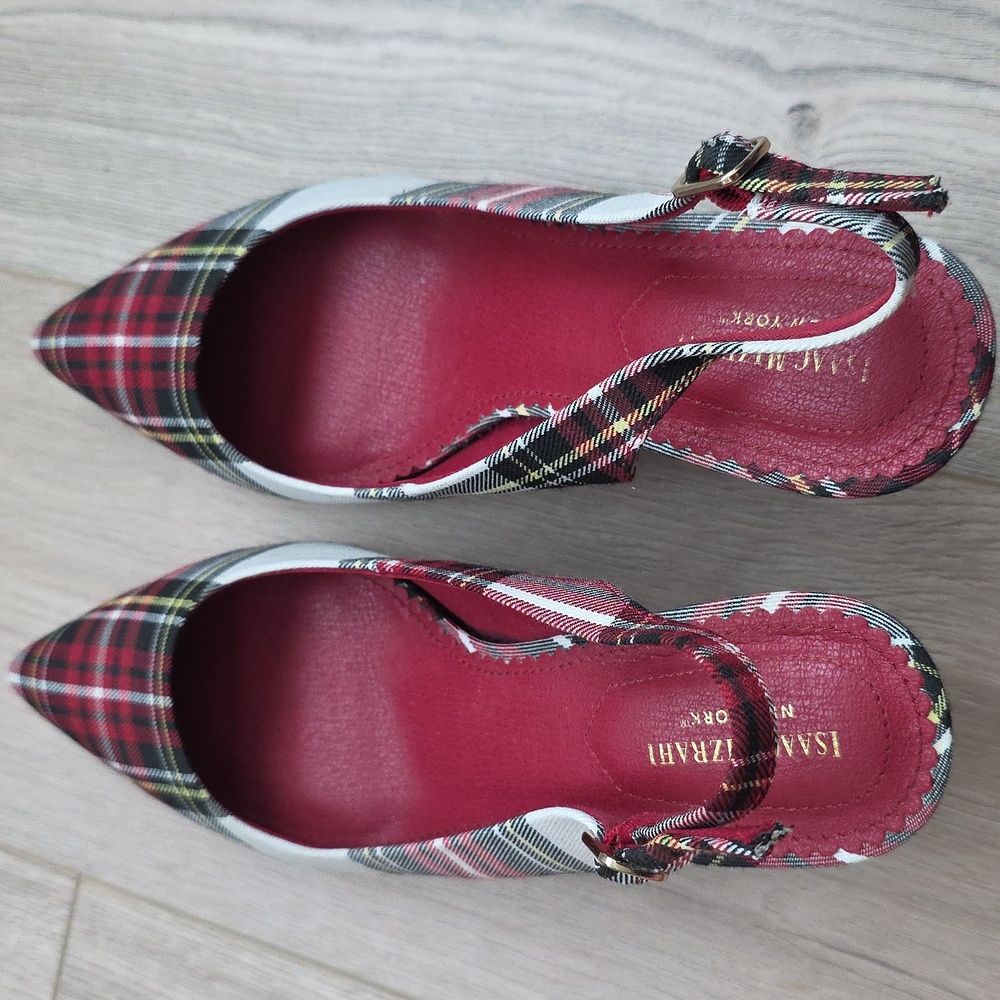 Isaac Mizrahi Plaid Slingback Kitten Heels in Red and Black